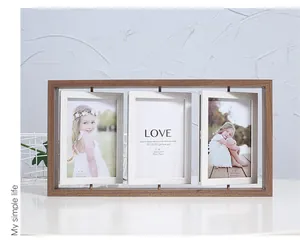 Three-frame rotating 4x6 wooden photo display standing on a modern white desk surface