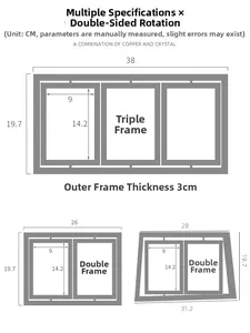 Size chart showing dimensions for rotating double-sided wooden photo frame sets