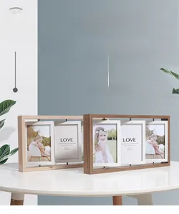 Close-up of a rotating wooden 4x6 picture frame with three independent inner display frames