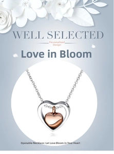 Detail of opening double heart pendant urn necklace for memorial jewelry storage