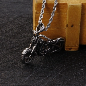 Men's punk stainless steel motorcycle pendant necklace with detailed silver twist chain