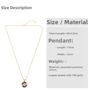 Detailed view of the 18K gold-plated round pendant with letter A and colored zircons