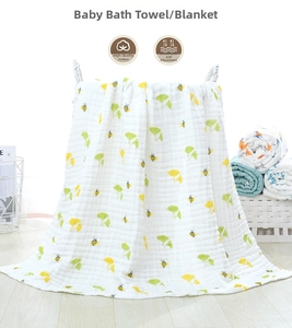 Detail of soft 6-layer cotton gauze baby towel with yellow bees and ginkgo leaf print