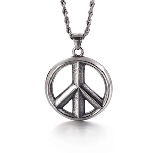 Vintage silver stainless steel Viking sun flower peace sign pendant on twisted rope chain
