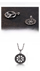 Macro detail of stainless steel Viking sun flower pendant with size and weight specs