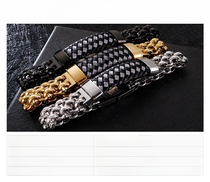 Macro view of braided stainless steel chain link bracelet in silver, gold, and black