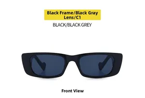 Front view of small square black sunglasses with dark grey lenses in C1 retro style