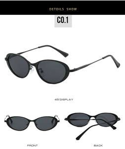 Detailed views of black oval sunglasses featuring matte frames and slim metal temples
