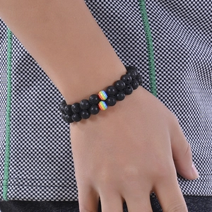 Double layer natural lava rock beaded bracelet with rainbow stripe accents for unisex wear