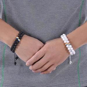 Double-layer natural white turquoise and black volcanic stone beaded bracelets with rainbow accents