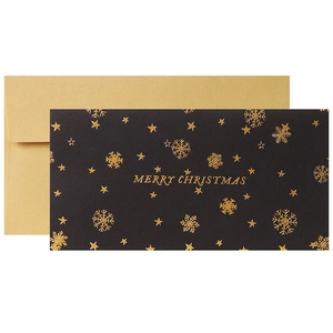 Elegant black Christmas card with gold foil snowflakes and kraft envelope set