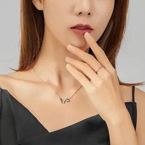S925 silver butterfly necklace and ring set with sparkling blue zircon stones
