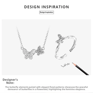 Hand-drawn design sketch of a butterfly necklace and engraved ring on white background