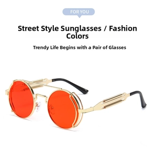 Detail of steampunk sunglasses showing metal spring temples and orange round lenses