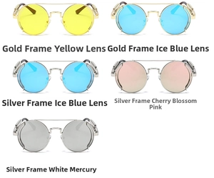 Detail showing five colors of steampunk sunglasses with side shields and double spring hinges