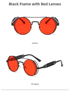 Steampunk round sunglasses with black metal frames and red lenses from front and side angles