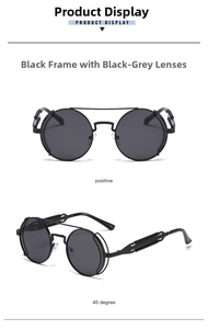 Detail of retro steampunk round sunglasses with black metal frame and cut-out temples