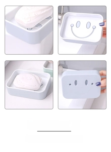Detail of light blue double-layer soap dish featuring a smiley face drainage design