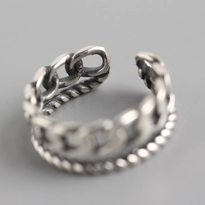 Dual-layer S925 sterling silver ring featuring cuban chain and twisted rope patterns