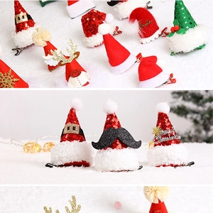 Variety of festive Christmas hat hair clips with sequins and reindeer antlers for holiday