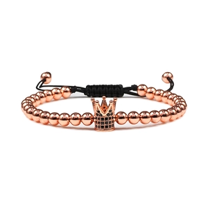 Handmade Woven Rope Bracelet With Micro Inlaid Zirconia Crown Copper Beads Punk Style Adjustable Beaded Bracelet For Unisex Jewelry