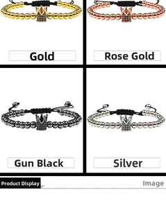 Detail of four crown beaded bracelets in gold, rose gold, gun black and silver plating
