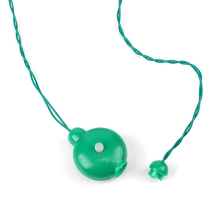 Detail of green LED necklace power switch with a white button and electrical wiring