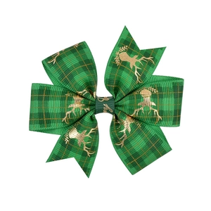 Green plaid Christmas hair bow with gold reindeer and Merry Christmas print