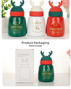 Detailed view of Christmas elk thermos set with 304 stainless steel and festive packaging