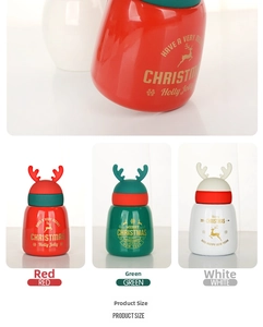 Detail showing silicone reindeer antlers and festive prints on colorful vacuum flasks
