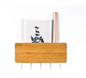 Japanese style bamboo wall shelf with five white key hooks and top storage compartment