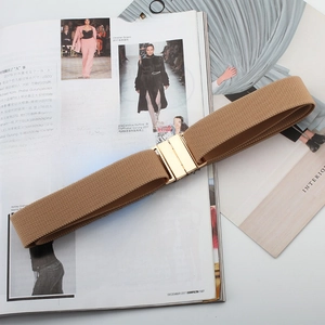 Detail view of camel elastic woven belt with gold buckle on a fashion magazine