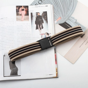 Detail of three-color striped elastic belt with matte black buckle on magazines