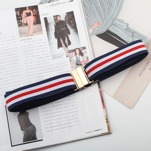 Detail of red and white striped elastic belt with a golden buckle on magazine background