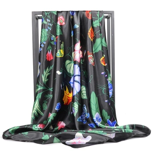 Black satin morning glory floral scarf with butterflies and silk texture, 90x90cm