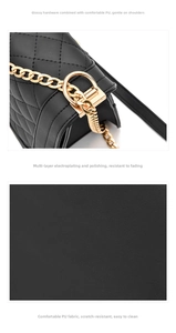 Detail view of scratch-resistant black quilted PU leather and gold plated chain link