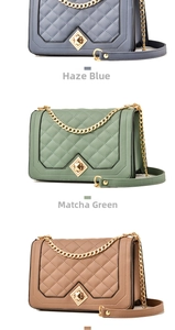 Three quilted crossbody bags in blue, green and khaki colors with gold chain straps