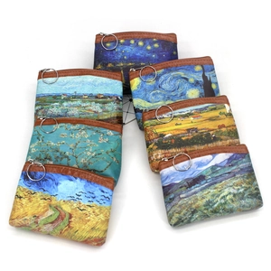 Mini oil painting printed coin purse set with vintage Van Gogh art and leather trim