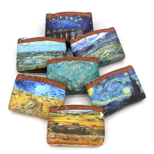 Mini canvas coin purses with Van Gogh oil painting prints and brown leather trim