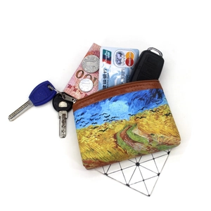Vintage oil painting coin purse featuring Van Gogh art print with cards and keys inside