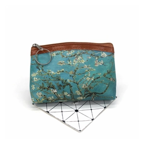 Detail of artistic oil painting coin purse with Van Gogh blossom print and zipper