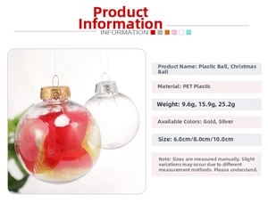 Detailed PET clear Christmas balls showing sizes 6cm to 10cm and feather filling options