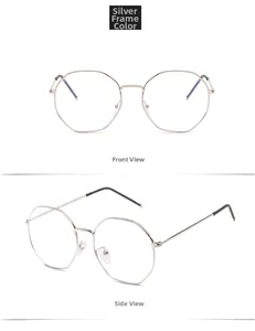 Detail view of silver geometric metal frames and anti-blue light clear lenses