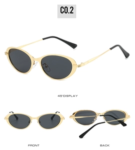 Three views showing front, back, and 45-degree angle of golden oval frame sunglasses