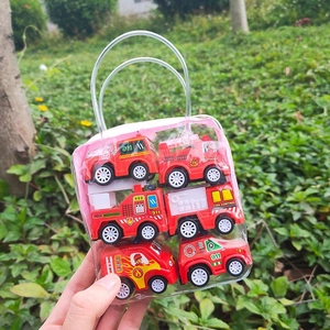 6-pack mini red fire truck toy set for kids in a transparent carry bag on grass