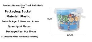 Detailed size specifications for 6-pack mini fire truck toy set in a storage bucket
