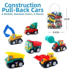 Set of 6 colorful pull-back engineering construction toy trucks in a clear carrying bag