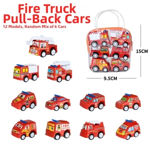 Set of 6 fire truck toys in a PVC carrying bag showing dimensions and various styles