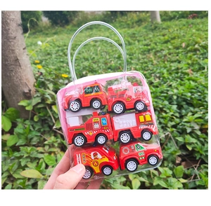 Close-up of 6 mini red toy fire trucks in a transparent portable plastic carry bag