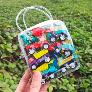 Mini construction vehicle toy set in clear PVC carrying bag with handle for kids